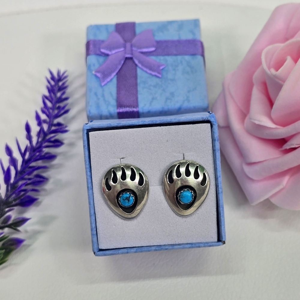 Vintage 1960's Navajo Style  Turquoise Bear Paw Sterling Silver earrings